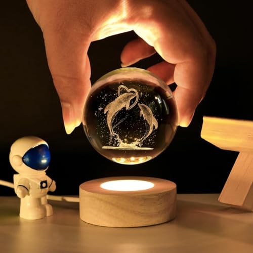 Image of STARKENDY Wooden Base Night Light 3D Crystal Ball | Portable USB 3D Crystal Lamp | Wooden Table Lamp Desktop Ornaments Warm White Lighting (3 D Dolphine)