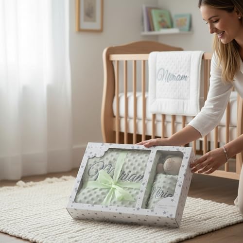 Miniatura 7 de Variouss Manta De Bebe Personalizado Con Su Nombre Bordado, Incluye Doudou, Manta Suave Para Cochecito, Capazo O Cuna, Regalo De Nacimiento O Baby Shower Verde