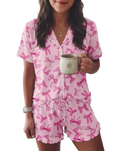 Image of Ekouaer Womens Pajama Sets Button Down Short Sleeve Top and Shorts Cute Ruffled Pjs Sets Sleepwear