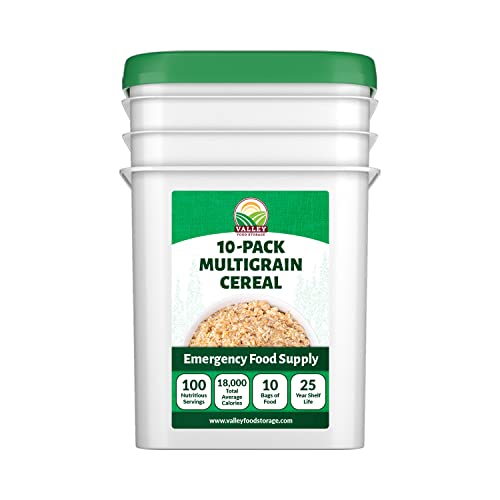 Image of Valley Food Storage Multigrain Dried Cereal | 10-Bag Bucket, 100 Servings | Premium Emergency Food Supply, 25 Year Shelf Life | Survival Breakfast Food for Camping, Prepper Storage & Off-Grid Living