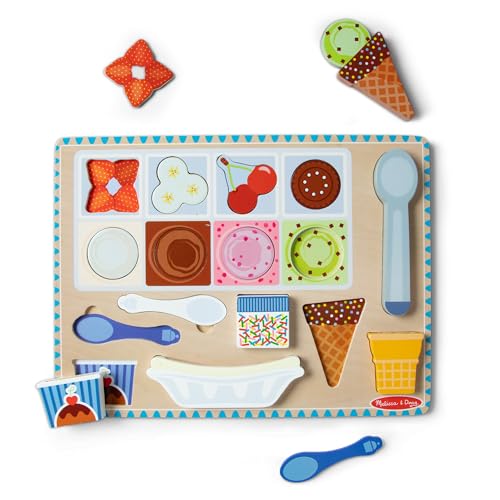 Image of Melissa & Doug Ice Cream Wooden Magnetic Puzzle Game Set 16 Pieces Magnetic with Scoop and Wooden Toy Food for Boys Girls Age 2+
