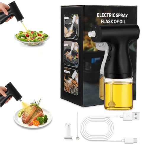 Electric Oil Sprayer with 2 Nozzles + Cleaner - 9 oz Portable Glass Olive Oil Spray Bottle for Healthy Cooking, TYPE-C Recharge & Leak Proof Design, Air Fryer, Baking, Gifts & Calorie Control(Black)