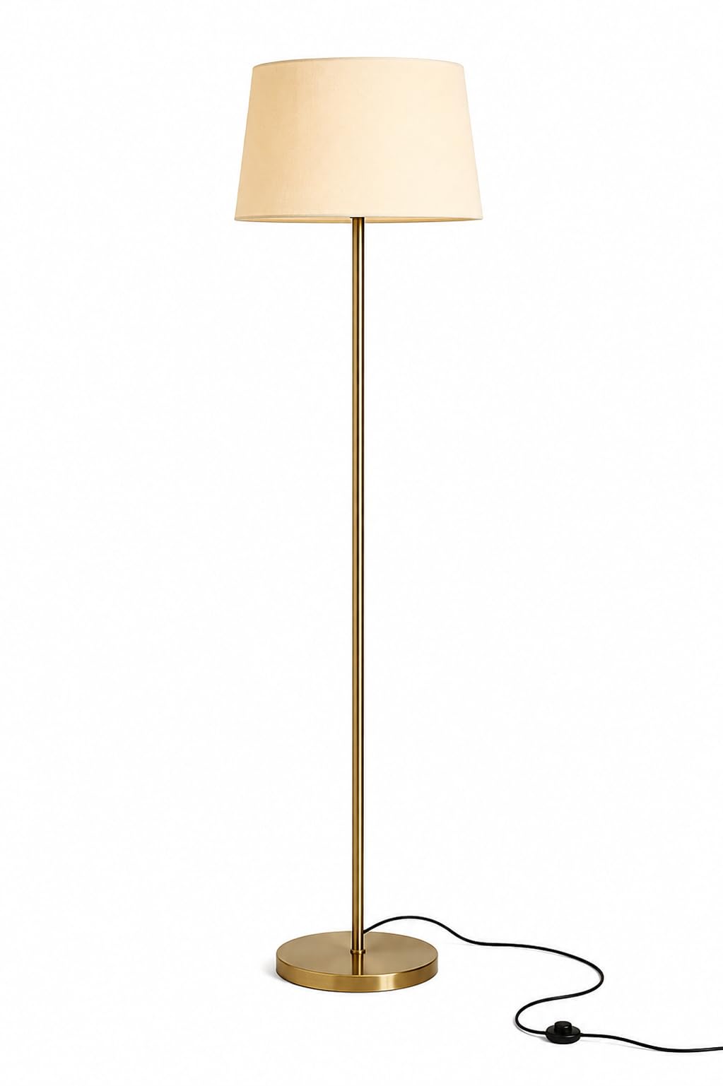 Floor Lamp with Cream Fabric Shade, Brass Finish Metal Base | Living Room Lighting, Round Weighted Base, Slim Pole Design, Foot Switch Cord, Warm Ambient Light-picture-21