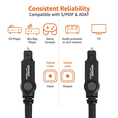 Image of Amazon Basics Toslink Digital Optical Audio Fiber Optic Cable, Multi-Channel, for Sound Bar, Audio System, Home Theatre, Gold-Plated Connectors, 9.8 Foot, Black