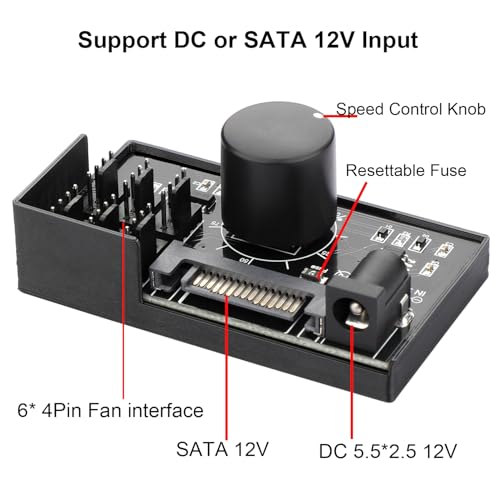 Image of 4 Pin 12V PWM Fan Controller 6 Fans Supported , PC Fan Adapter Hub Powered by SATA and DC 5525, Cooling Fan Speed Knob with Max Total 60W 5A Output