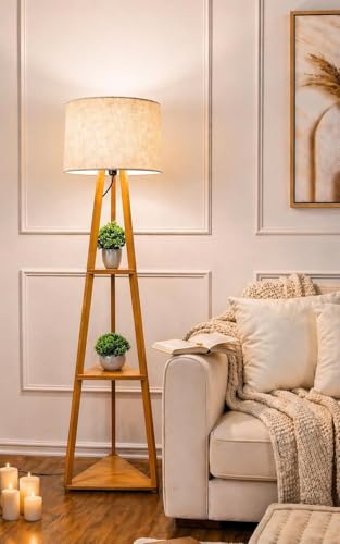 Image of Wooden Tripod Floor Lamp with 3 Shelves Modern Standing Lamp with Fabric Shade Decorative Shelf Floor Lamp for Living Room Bedroom & Home Decor Modern Standing Lamp for Living Room,Bedroom