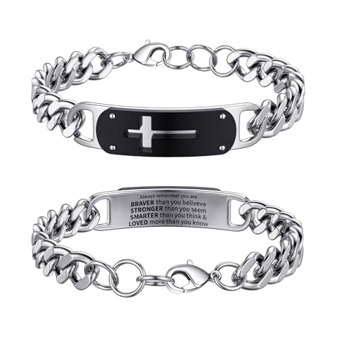 Lunvky Cross Bracelet for Men Teen Boys, Stainless Steel Bible Verse Jesus Bracelet Christian Religious Jewelry Gifts Wrist Metal Cross Chain Bracelet Male Teenage Age Kids Boys Always Remember Silver Cover