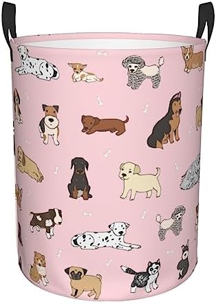 Cute Dogs Pink Round Laundry Hamper Storage Basket Toys Clothes Organizer Bin For Home Bathroom Bedroom Dorm Nursery, 38l