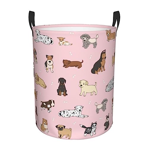 Gbuzozie Cute Dogs Pink Round Laundry Hamper Storage Basket Toys Clothes Organizer Bin For Home Bathroom Bedroom Dorm Nursery, 38l