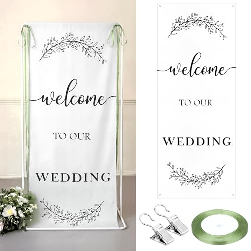 Yousoontic Welcome to Our Wedding Linen Rustic Wedding Welcome Banner Plain Ceremony Banner with Satin Ribbon and Retaining Clip for Ceremony, Arch, Reception Backdrop