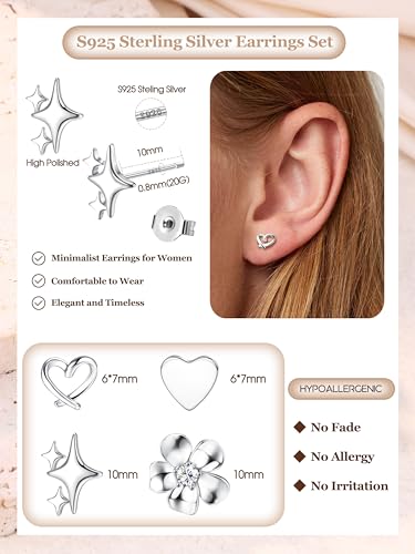THUNARAZ Hypoallergenic Stud Earrings for Women Sterling Silver Post Earrings for Sensitive Ears Dainty Simple Flower Star Heart Stud Earrings for Women Pierced Earrings Jewelry Gifts2