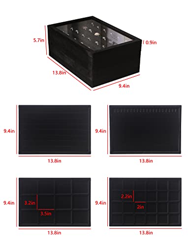 Image of Coward Set of 5 Stackable Jewelry Organizer Tray Necklace Earring Box Storage Ring Bracelet Display Holder (Black(ring+necklace+earring+12grid))