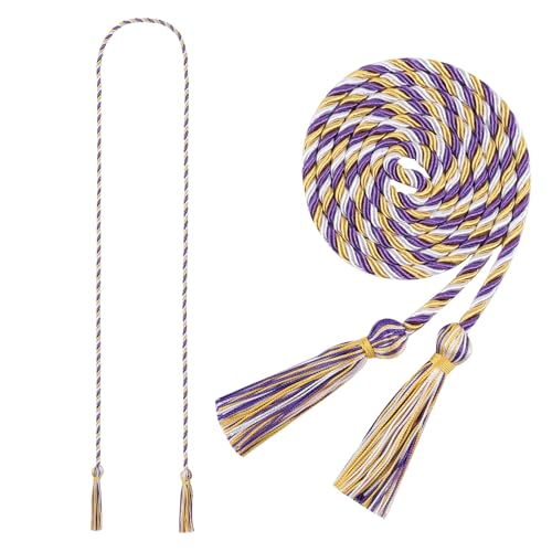 Image of Graduation Honor Cord 68 inch Grad Braided Honor Cords with Tassel Honor Rope Grad Cords for Graduation Students Bachelor Master Doctoral Gown Grad Decor (Purple White and Gold)