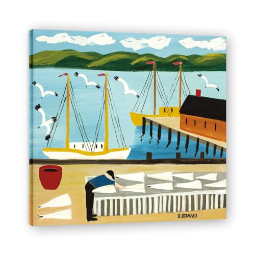 JZSDGB Maud Lewis Cuadros, Famosa Cuadro en Lienzo, Paisaje Pintura Decoracion Hogar Modernos, Secado de Copos de Bacalao, Reproducciones de Cuadro Marco Interior 40x40cm