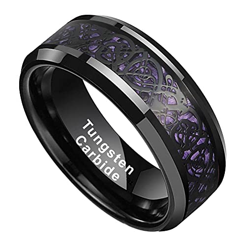 BestTungsten 8mm Black Tungsten Carbide Rings for Men Women Wedding Bands Celtic Dragon Purple Carbon Fiber Inlay Beveled Edges Polished Comfort Fit