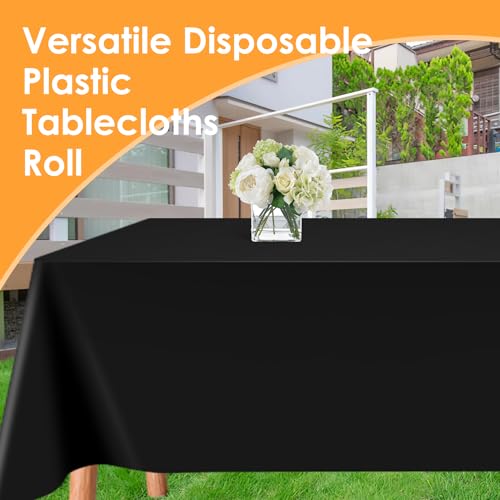 Image of tujol Black Disposable Plastic Table Cloth Roll 54 inch X 100', Plastic Table Cover with Cutter Box, Cut to Size Disposable Tablecloth for Parties