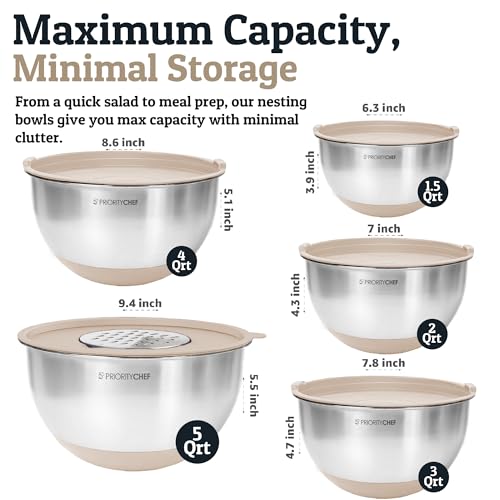 Priority Chef Stainless Steel Mixing Bowls with Lids Set, 3 Grater Attachments, Airtight Lids, Non-Slip Silicone Base Mixing Bowl Set, Large Prep Metal Mixing Bowls for Kitchen, Khaki