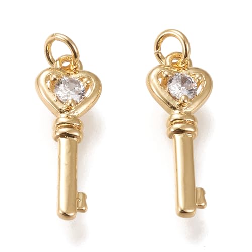 Ipotkitt 10 Pcs Brass Micro Pave Cubic Zirconia Heart Key Charms
