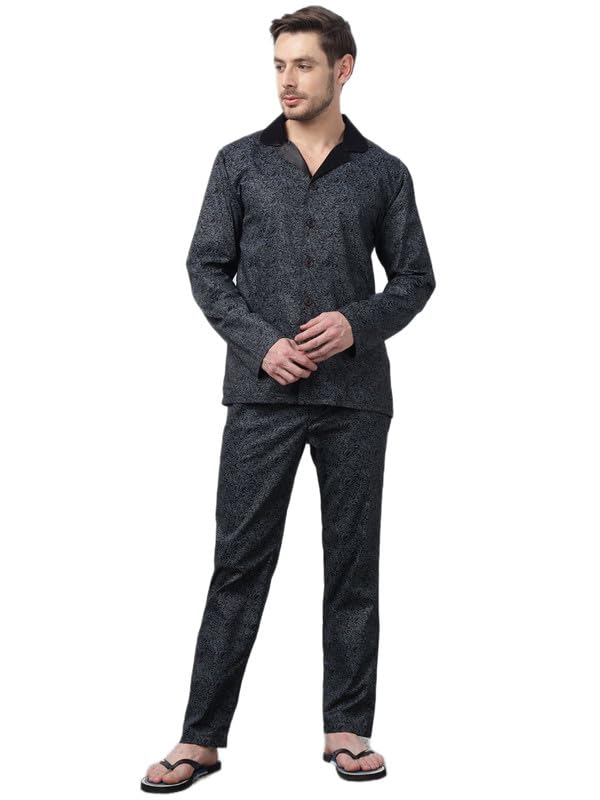 hancock Black Men Floral Printed Lapel Collar Pure Cotton Night Suit-picture-12
