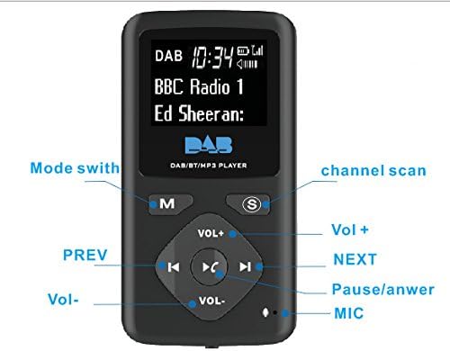 Front view of the Riloer DAB-P7 digital radio, showing the screen and control buttons labeled 'M', 'S', 'VOL+', 'VOL-', 'PREV', 'NEXT', and a central Play/Pause/Answer button.