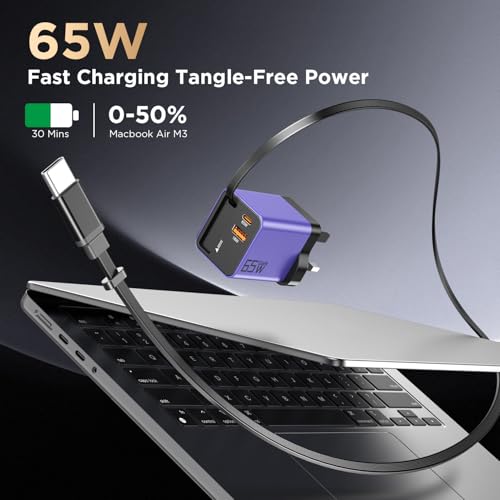 YISHIFD USB C Charger 65W GaN 3-Port Fast Charging Plug Built-in Retractable Cable (0.7m), Compatible with MacBook Pro/Air, iPhone 17 Pro/Air/16/15, iPad, Galaxy S25/S24, Steam Deck, etc - Image 2