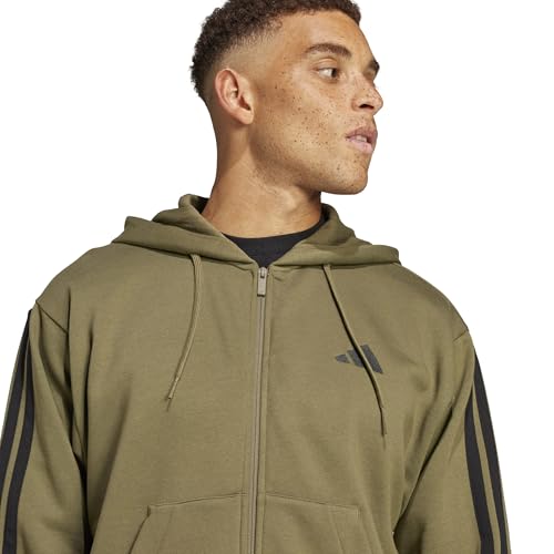 Adidas Men's Essential Three Stripes Fleece Zipper Hoodie, Olive strata/Black, L