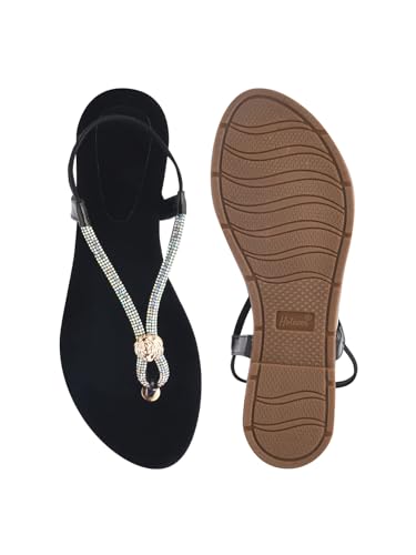 Image of Shoetopia Women's Embellished T-Strap Flats - Crystal Detail Toe Loop Sandals with Cushioned Black Footbed, Slip-On Ethnic Casual Comfort Flats
