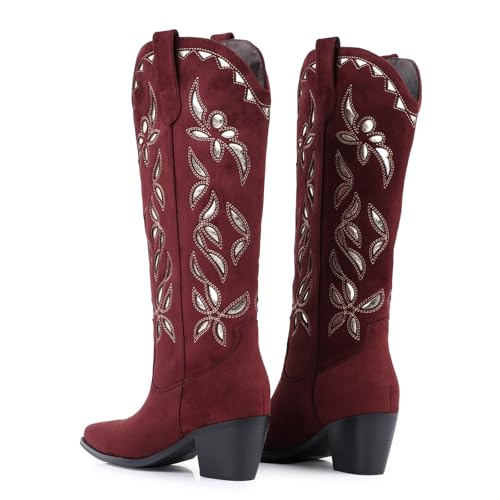 Image of LingxiaUne Cowboy Boots for Women Floral Cowgirl Boots with Pointed Toe and Chunky Heel Mid Calf Western Boot for Concert Festival Country Night Party