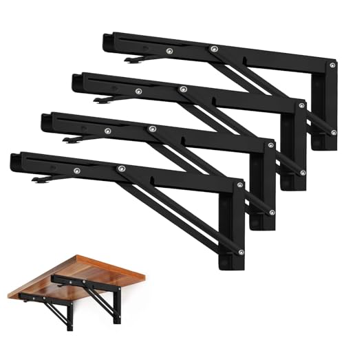 Image of Storystore Folding Shelf Brackets - 16 Inch Heavy Duty Metal Collapsible Shelf Bracket for Bench Table, Shelf Hinge Wall Mounted Space Saving DIY Bracket, Max Load: 150 lb (4 PCS, Black)