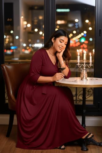 Image of Runwind Plus Size Dress for Women - 3 /4 Sleeve V Neck Maxi Dresses for Women (XL-6XL)