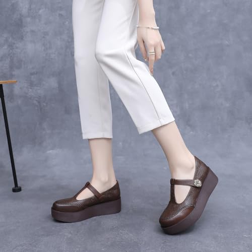 Women's Genuine Leather T-Strap Platform Mary Janes Retro Round Toe Comfortable Wedge Pumps with Adjustable Hook and Loop Classic Business Casual Dress Shoes3