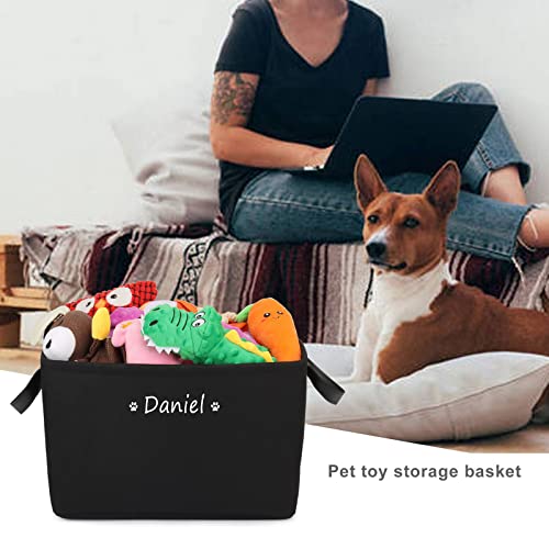Personalisierte Hundespielzeug Aufbewahrungsbox mit Namen, Faltbar Aufbewahrungskorb mit Ledergriffen, Filz spielzeugkiste für die Organisation von Lebensmittel Kleidung und Haustierzubehör(Schwarz)