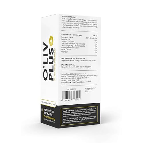 Das Olivenöl mit Gesundheitswert – extra hoher Polyphenol-Gehalt 750 mg/kg – Bio-Qualität – nur 1 Esslöffel/Tag – Oliv PLUS – 500 ml – 50 Portionen