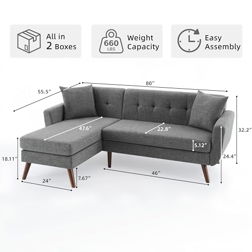 Tbfit L Shaped Couch Sofa, 80" W Mid-Century Modern Sectional Couches, 3 Seater Sofas with Wide Chaise Lounge, Button Tufted Upholstered Sectional Sofa for Living Room, Bedroom, Gray | linen fabric, button tufted, solid wood foot, pocket spring, wood slats frame