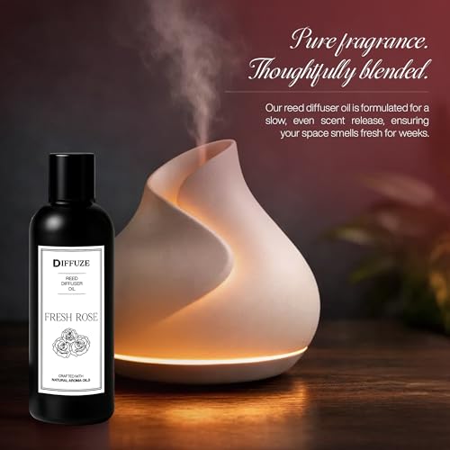 Image of DIFFUZE Fresh Rose Essential Oil Reed Diffuser Refill with 10 Fibre Reed Sticks | Floral Aroma Oil & Fragrance Oil | Diffuser Oil for Home Fragrance