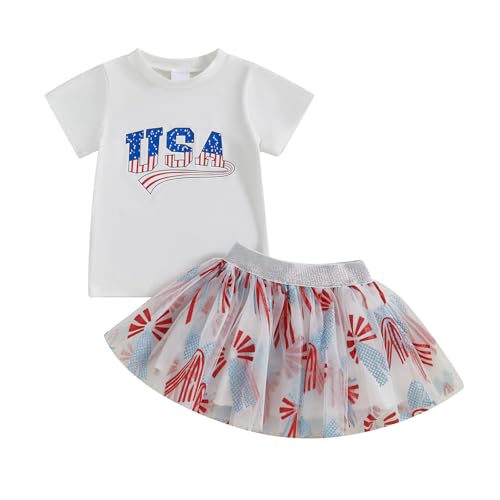 Fourth of July Baby Girl Outfit Letter Print Crewneck T Shirt Tulle Skirt Set 4th of July Toddler Girl Outfit(A-White, 2-3T)