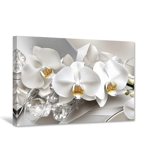CCWACPP Orchid Flower Wall Art Zen Canvas Art White Floral Pictures Abstract Flower Painting Print Living Room Office Bedroom Decor Framed (30L x 45W cm)