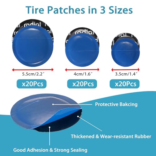 Image of OwnMy 60+3PCS Tire Patch Repair Tools Kit, Tire Patch Kit for Car Bike Motorcycle Truck, Includes 60PCS Tire Patches (1.4 inch /1.6 inch /2.2 inch), Repair Buffer Wheel, Tire Patch Roller, Inner Liner Scraper