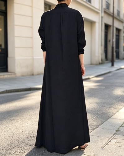 Image of Ladyful Women's Cotton Linen Maxi Dress Summer Long Sleeve Shirt Dress