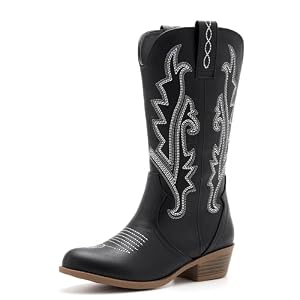 vodvob Girls Kids Western Boots Embroidered Cowgirl Cowboy Boots | Round Toe,Mid Calf,Side Zipper,Pull On Tabs,Little Kid,Big Kid,Riding Boots,Soft Lining,Comfortable Fit,Outdoor Wear