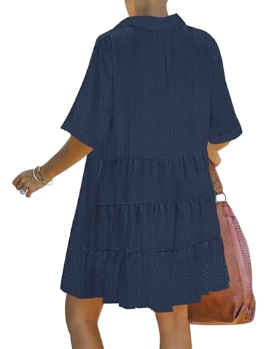 PYGFEMR Women's Summer Dress 2026 Short Sleeve Babydoll Tiered Button Down T Shirts Dresses with Pockets2