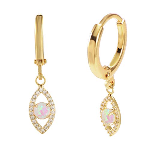 Huggie Hoop Earrings with Charms 14K Gold Dangle Opal Evil Eye Earrings