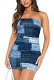 ABMOIU Women's 2025 Floral Tube Mini Dress Strapless Backless Party Club Short Ruched Bodycon Dresses Denim Print Medium