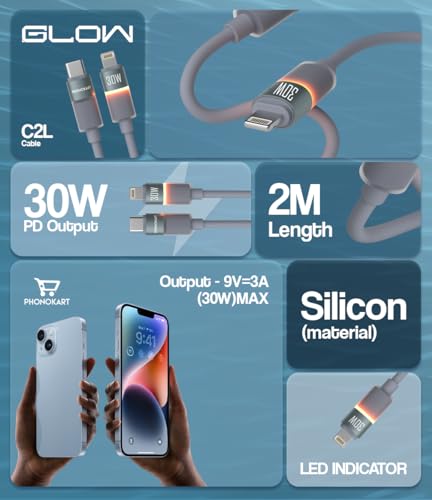 Image of Phonokart GLOW Type-C to Lightning 30W Fast Charging Silicone Cable with LED Indicator for iPhone 14, 14 Pro, 14 Pro Max, iPhone 13 Series, 12, 11, X, 8, 2 Meter