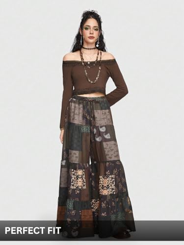 Image of GRECIILOOKS Boho Printed Wide Leg Palazzo Pants for Women, Flowing High Waist Rayon Trousers for Beach, Vacation, Lounge, and Summer Style