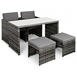 Panana Rattan Garden Dining Set, 4 Seater Space Saving Patio Furniture with Glass Table, 2 Armchairs & 2 Stools, Cushioned Outdoor Table and Chairs for Balcony Terrace Decking