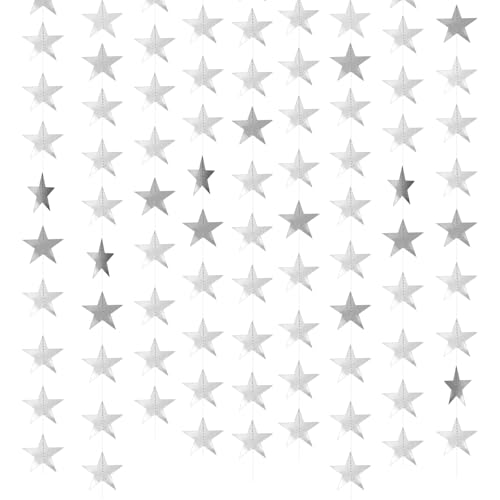 Image of Glitter Star Garland Banner Decor 130 Feet Silver Star Garland Hanging Bunting Banner Backdrop for Graduation Wedding Birthday Holiday Party