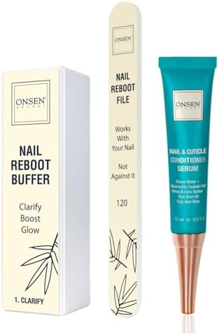 ONSEN Japanese Nail File Buffer Sparkle-KIT 1.0, A Free 120/180 Grit Nail File,3-Way Buffer Block, Cuticle Serum with Cuticle Oil in Action-15ml, Optimum Care Series