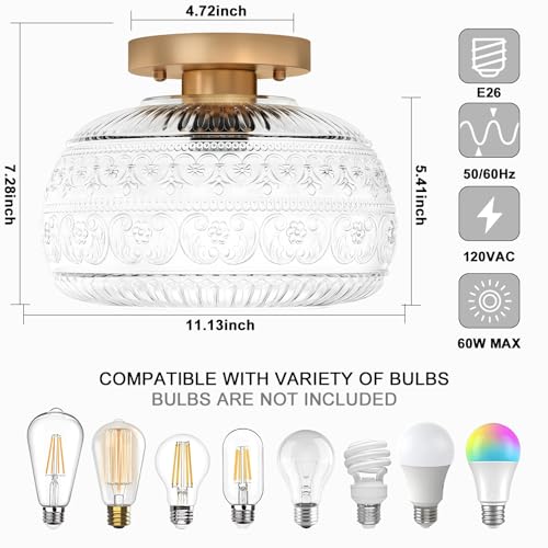 Semi Flush Mount Ceiling Light Fixture, 11" Vintage Gold Hallway Lights Fixture Ceiling with Clear Glass for Kitchen, Hallway, Bathroom and Entry Way,Compatible with E26 Light Bulb