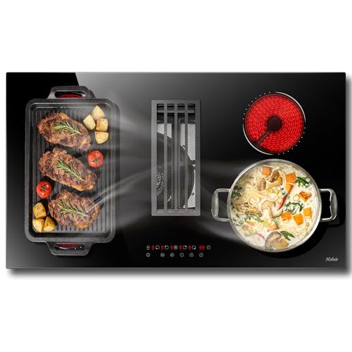 Hobsir 36 Inch Electric Cooktop with Downdraft Extractor, 4 Burners Glass Radiant Stovetop 7400W, 9 Power Levels, Cook top with BBQ, Timer, Pause, Safety Lock, 240V240V (No Exhaust Pipe Required)